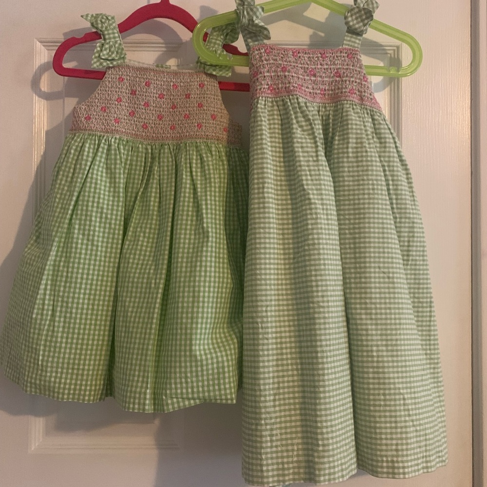 Gymboree sister set green gingham pink smocked flowers. Size 12-18 months and 4t
